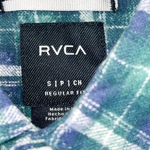 RVCA Mens Flannel Regular Fit Button Front Shirt - Green Blue Plaid, Size S - Picture 3 of 4